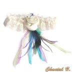 Strumpfband Hochzeit Spitze Elfenbein Pfauenfeder und Satin Blume