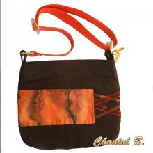 Handtasche aus schokoladenbrauner Baumwolle und orangefarbener Seide, bemalt mit Marion, verstellbarer Schulterriemen