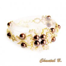 gewebtes Armband schokoladenbraune Perlmuttperlen transparente Perlen Lachs und Gold Hochzeit Abend