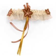 Strumpfband aus elfenbeinfarbener Spitze Seidenblume aus Schokolade und Gold