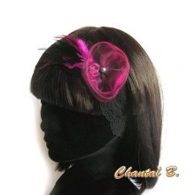 Haarband schwarze Spitze Organza-Blume und Fuchsia-Federn handgefertigtes Hochzeits-Headband