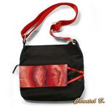 Handtasche aus schwarzer Baumwolle und roter Seide, bemalt mit Sibille, verstellbarer Schulterriemen