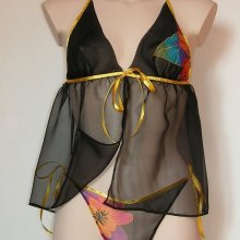 lingerie Set Negligé Caelia Chiffon schwarz und String Blume multicolor
