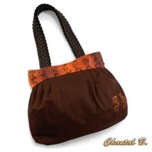 Handtasche aus schokoladenbraunem Baumwoll-Canvas und orangefarbener bemalter Seide Suki geflochtene Henkel