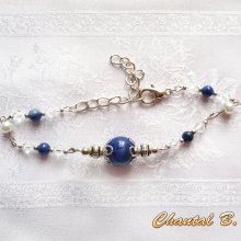 bracelet perles lapis lazuli swarovski cristal et perles nacrées argent