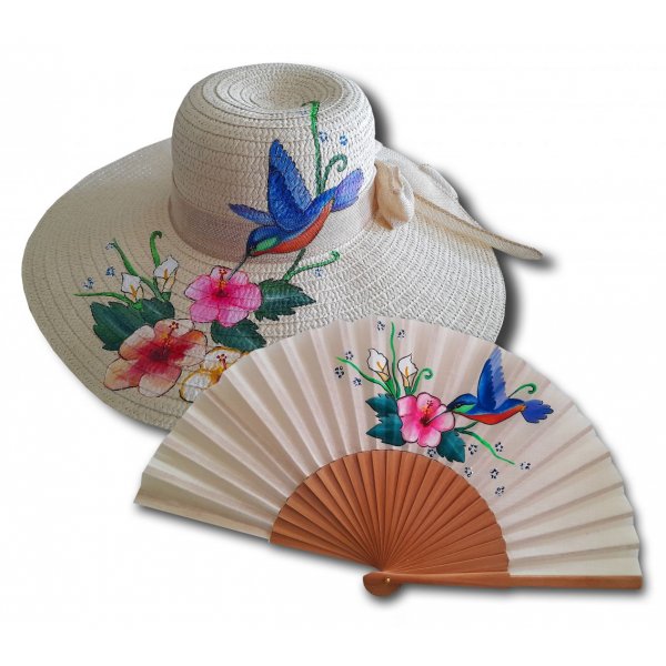 Handgezeichneter und handbemalter F&auml;cher aus Baumwolle "Sonnenkolibri".