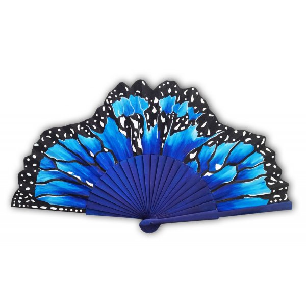 Eventail en satin de coton dessin&eacute; et peint &agrave; la main "R&ecirc;ve bleu"