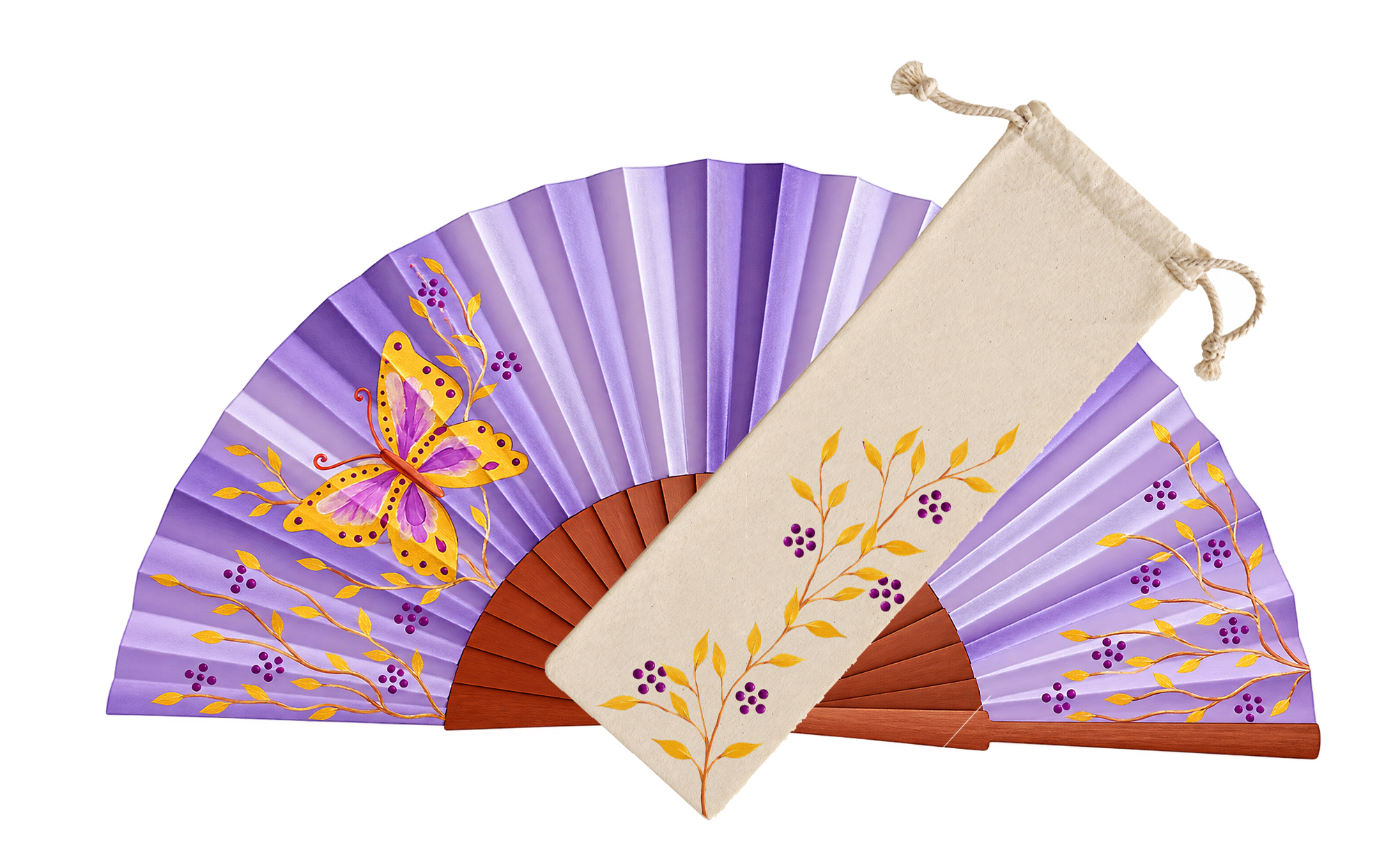 Éventail en satin peint à la main avec motif chouette.