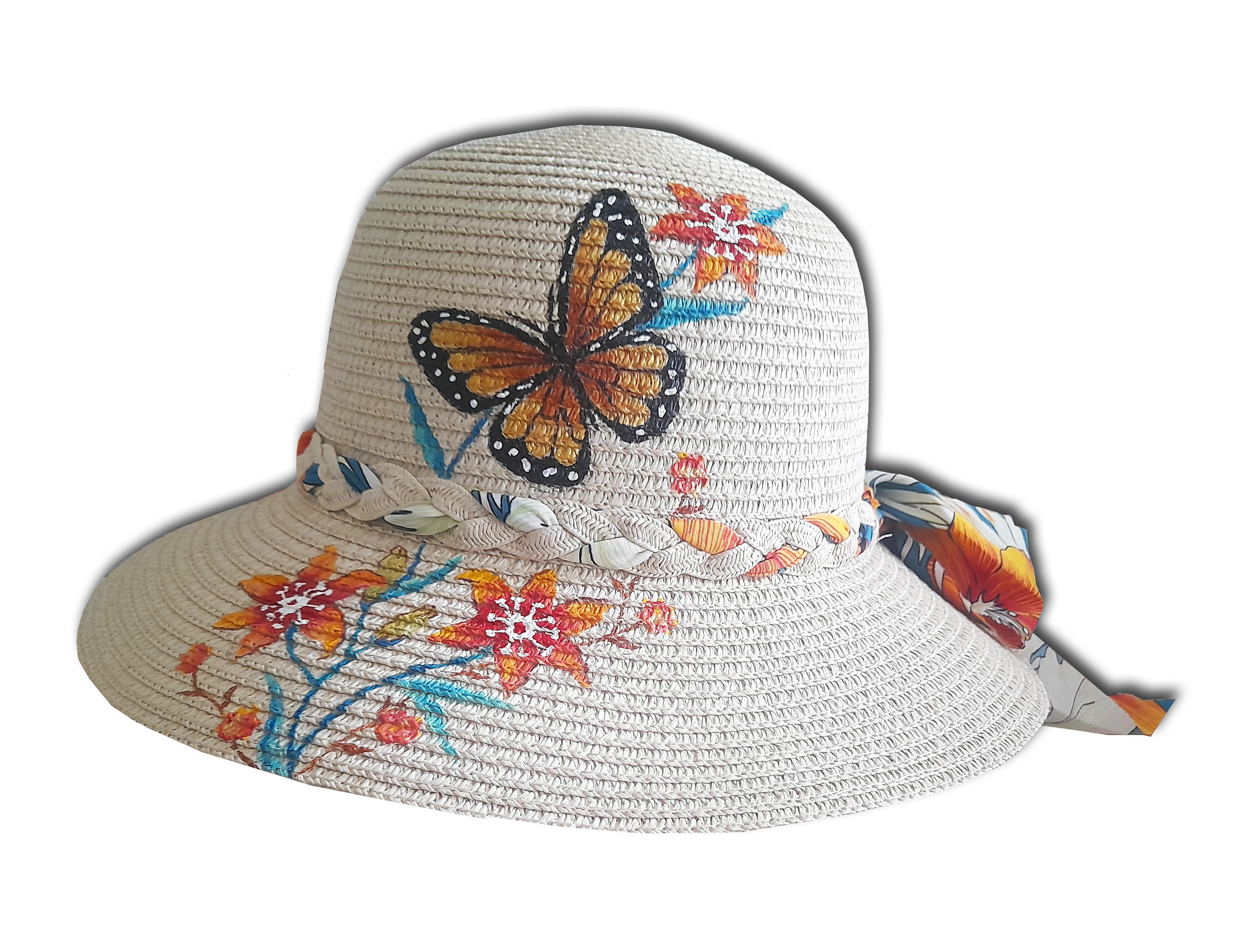 Chapeau de paille enduite peint à la main motifs fleurs.