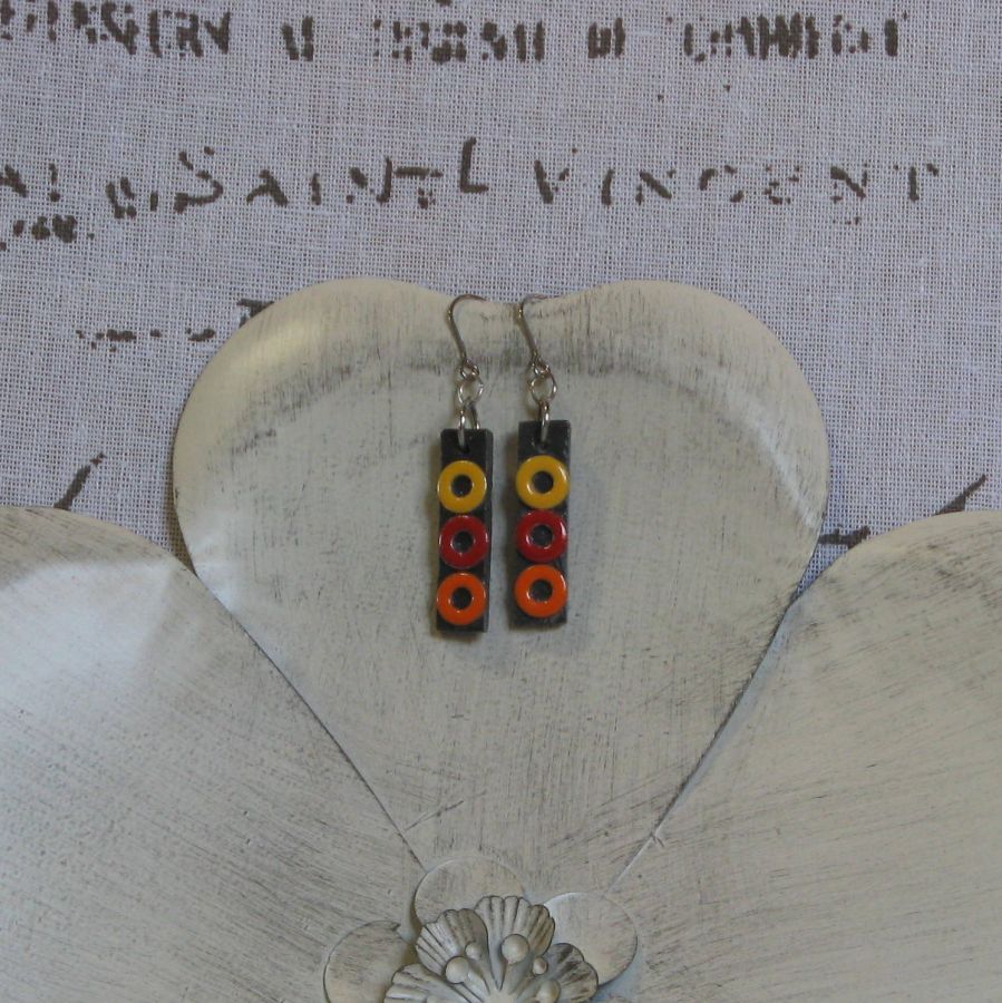 Boucles d'Oreille en Ardoise Rouge, Jaune et orange, Montage Pendants Acier Inoxydable