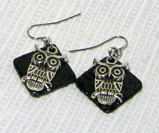 boucles d'oreille pendant chouette, hibou sur ardoise