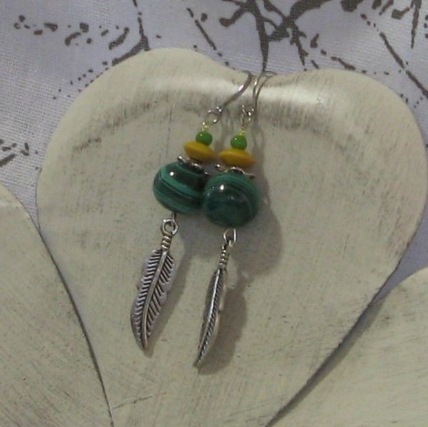 Boucles d'Oreille Pendant pour Femme Malachite et Jaune, Création Unique