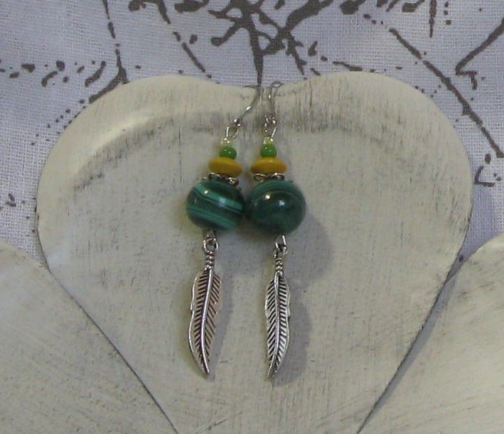 Boucles d'Oreille Pendant pour Femme Malachite et Jaune, Création Unique