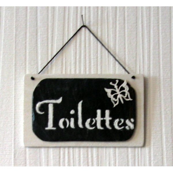 plaque de porte toilettes émaillé sur ardoise et bois