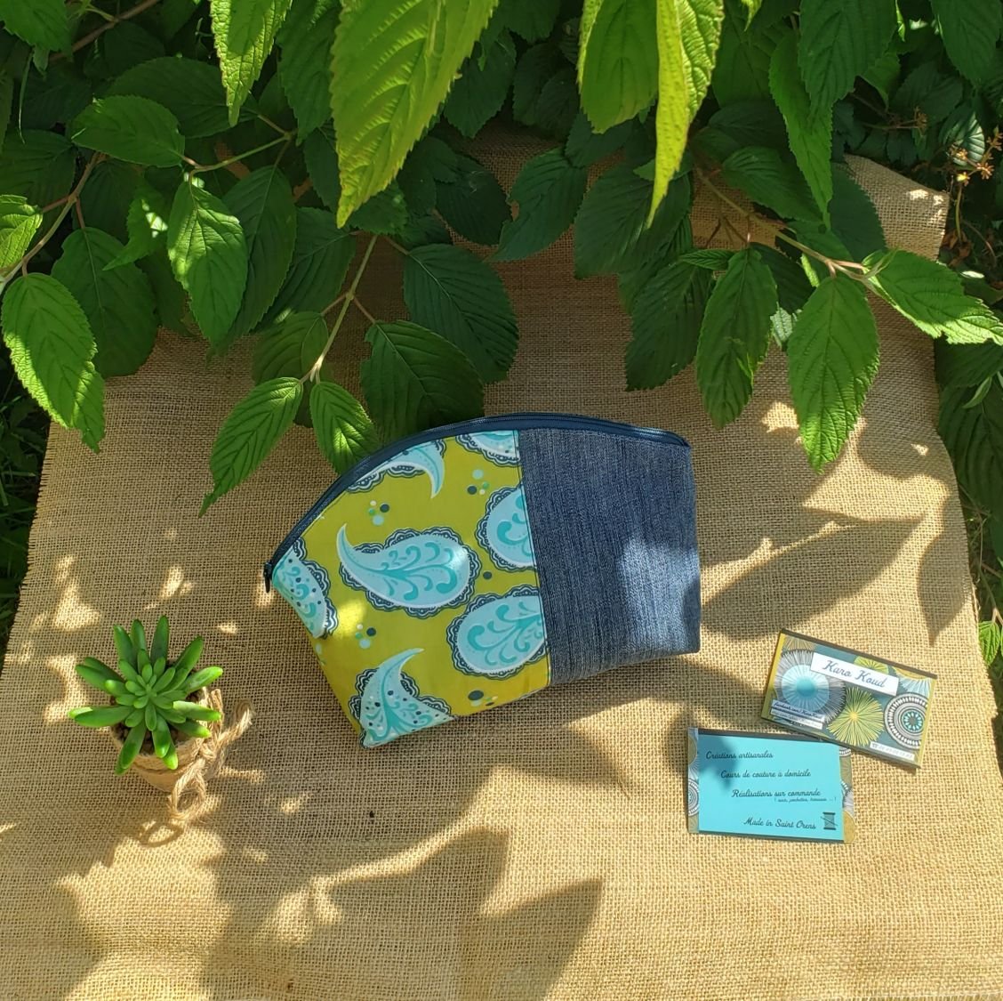 trousse de toilette en jean et coton imprimé