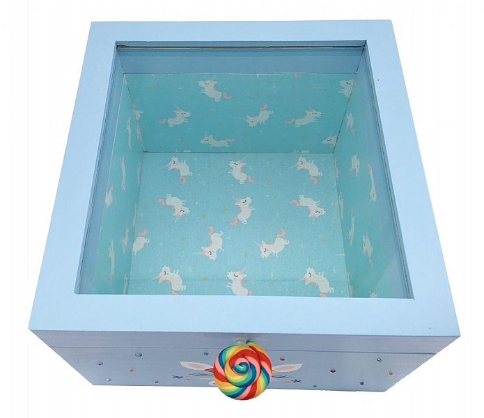 Holzschachtel mit Glasdeckel. Modell: Blaues Einhorn