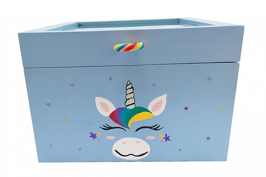 Holzschachtel mit Glasdeckel. Modell: Blaues Einhorn