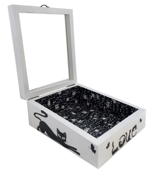 Schr&auml;g gestellte Holzkiste mit Glasdeckel. Modell: love cat