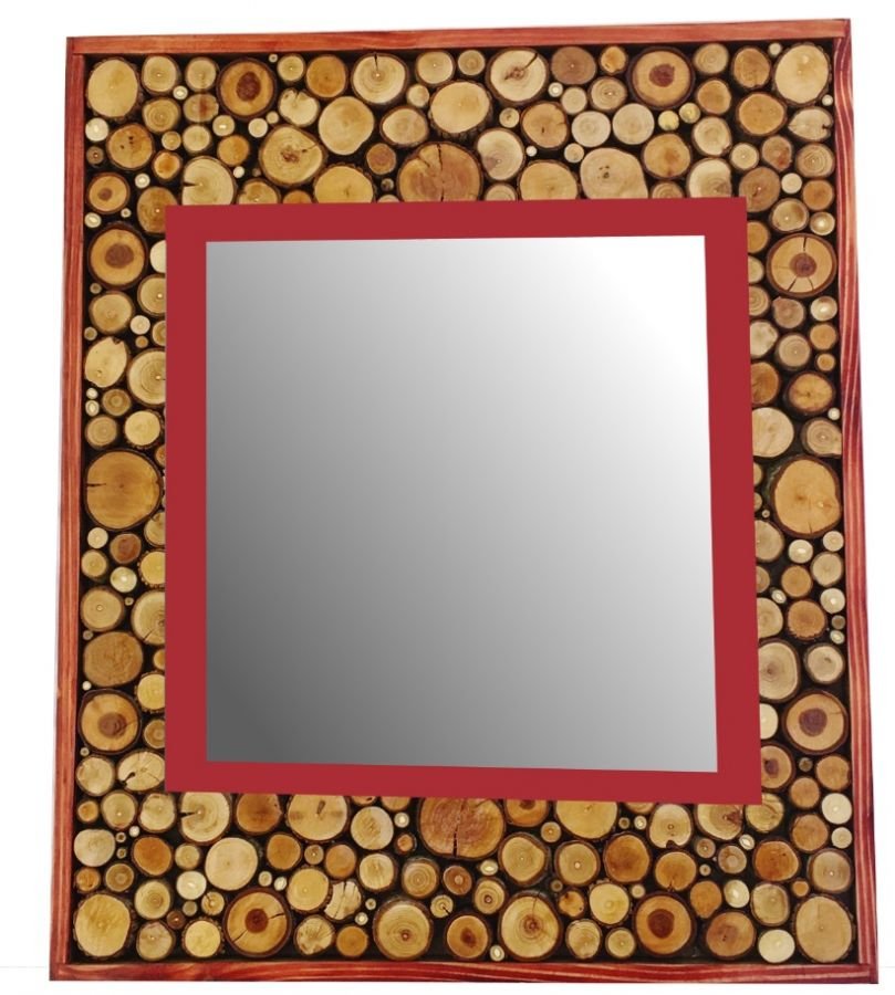 Großer rechteckiger Spiegel aus Rundholz in mahagonifarbenem Rot 47 x 56 cm