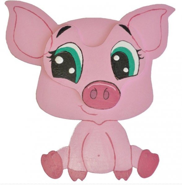 Wand- oder T&uuml;rschild aus Holz Modell:Schwein chibi Ferkel manga 21x20 cm rosa