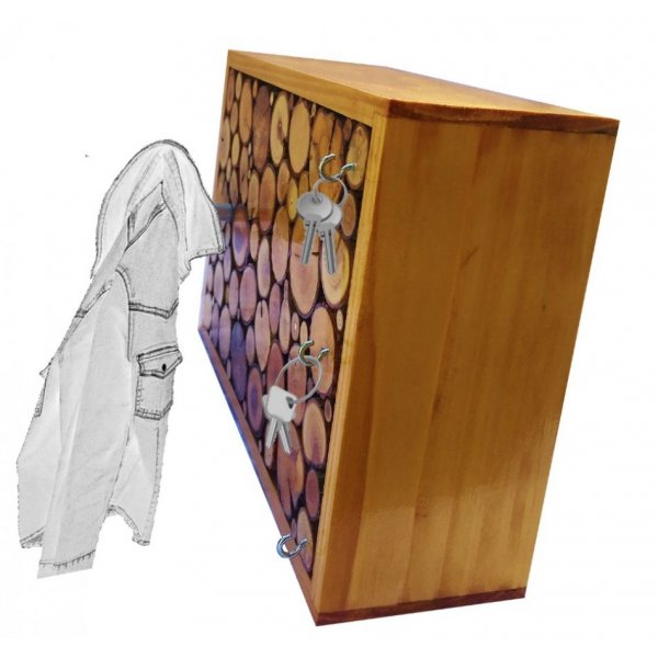 Rechteckige Wandgarderobe aus honigfarbenem Rundholz mit 1 Kleiderhaken und Schl&uuml;sselanh&auml;nger 30x20 cm