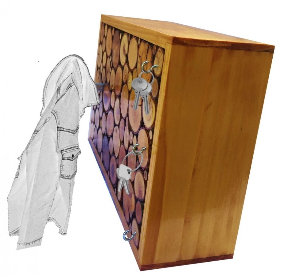 Rechteckige Wandgarderobe aus honigfarbenem Rundholz mit 1 Kleiderhaken und Schlüsselanhänger 30x20 cm