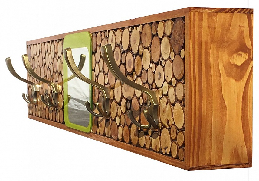 Gro&szlig;e rechteckige Wandgarderobe aus Rundholz mit Spiegel