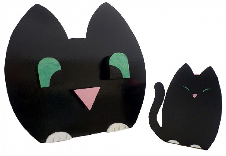 Schulanfangsset aus Holz Modell: freche Katze Bleistifttopf und Wandgarderobe mit 3 Haken + Schl&uuml;sselanh&auml;nger