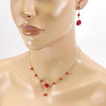 Set Halskette und Ohrringe aus roten Gorgonienrosen
