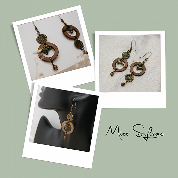 H&auml;ngende Ohrringe aus Holz mit V&ouml;geln aus Messing