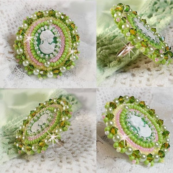 Anisse Ring bestickt mit einem Cabochon aus Kunstharz Frauenportrait mit Rosen und Swarovski-Kristallen