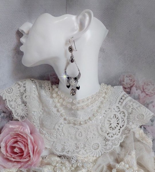 BO Bohochic argent&eacute;es et Noir cr&eacute;es avec des cabochons poire en cristal, breloque &eacute;poxy, poires en verre sur des crochets d'oreilles en argent 925