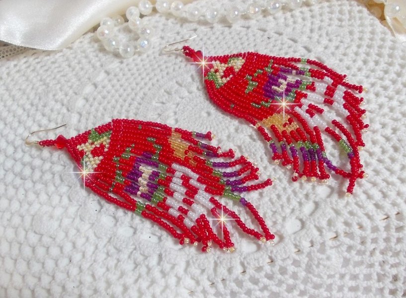 BO Crocus mont&eacute;es avec rocailles en verre, perles cristal Swarovski et crochets Gold Filled 14 carats 