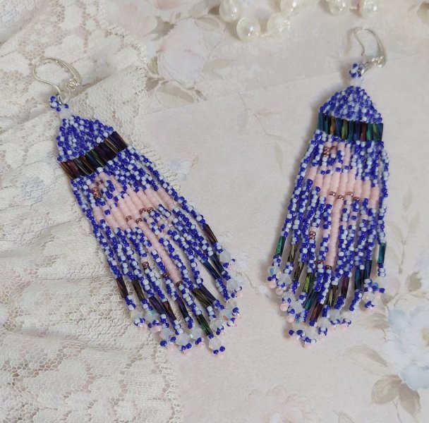 BO Les Flamants Roses et Bleus avec rocailles verre, toupies cristal Swarovski, crochets et attaches argent 925