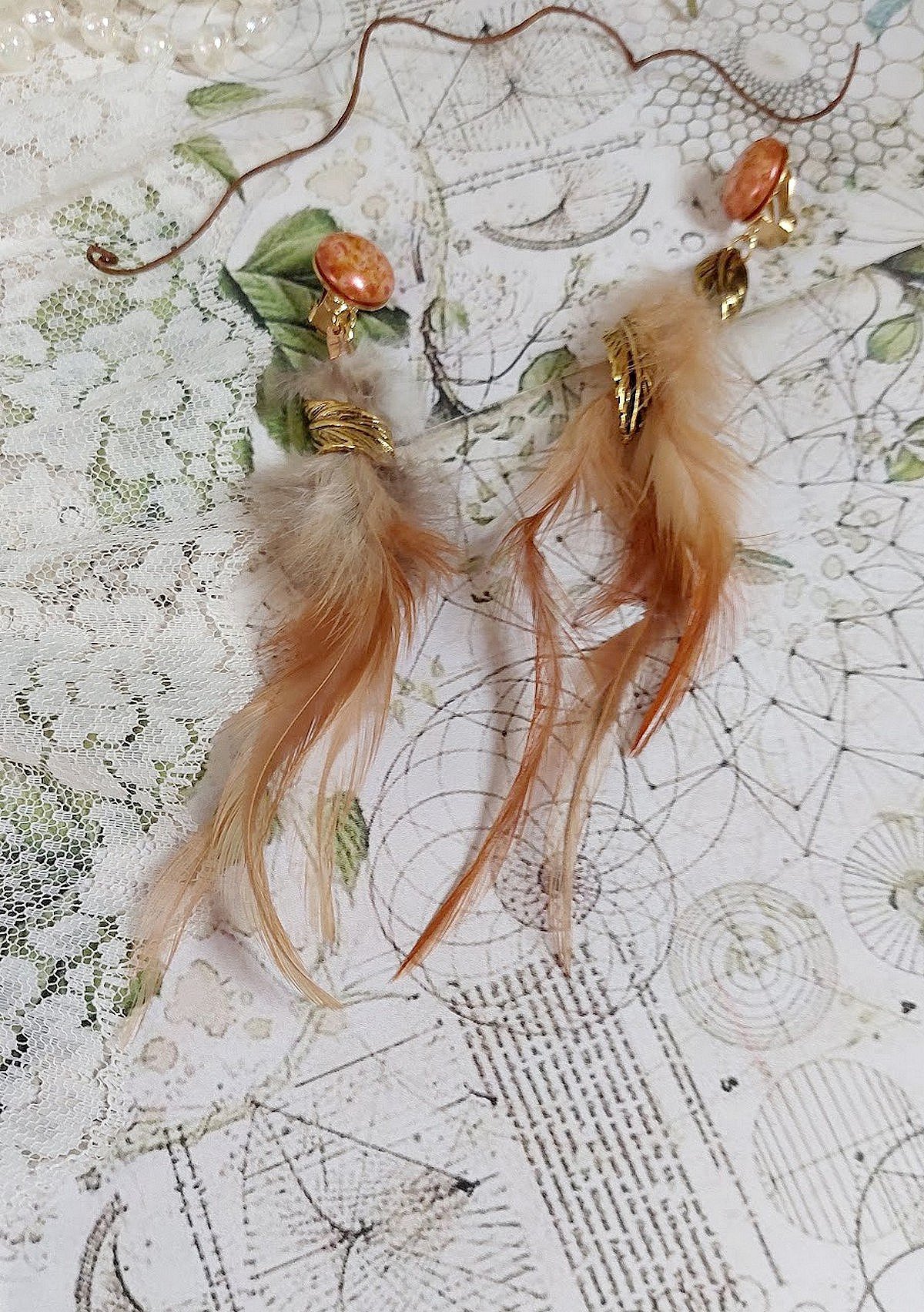 BO Grandes Plumes Ambre montées avec des plumes de Coq trois tons, breloques feuilles torsadéesl, cabochons en Verre et clips d’oreilles en laiton