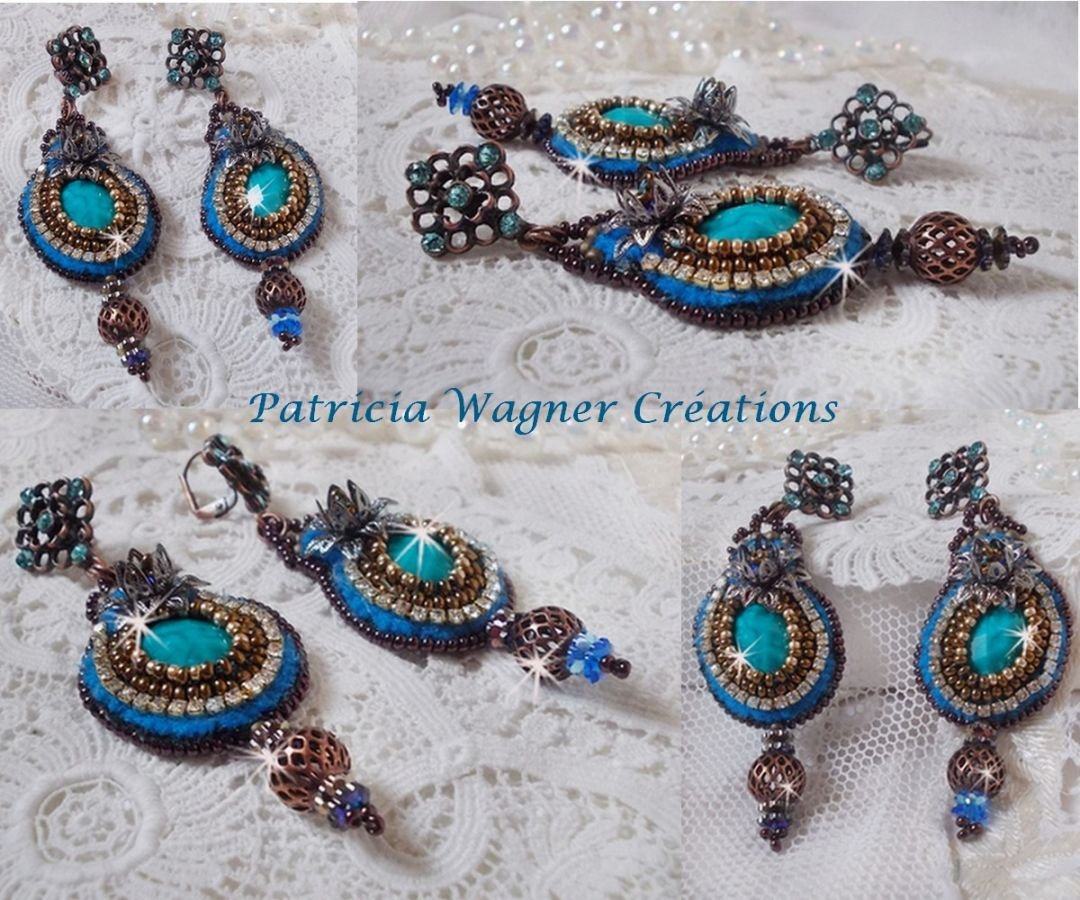 BO Ilycia Charming bestickt mit zwei facettierten Cabochons in Türkis-Grün und Swarovski-Kristallen