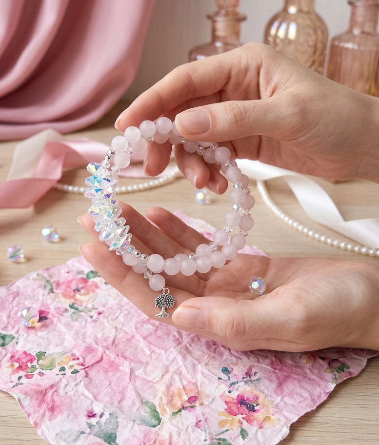 Bracelet Carrousel en Quartz cr&eacute;&eacute; avec pierres de gemme : le Quartz, breloque arbre de vie et perles Cristal Swarovski