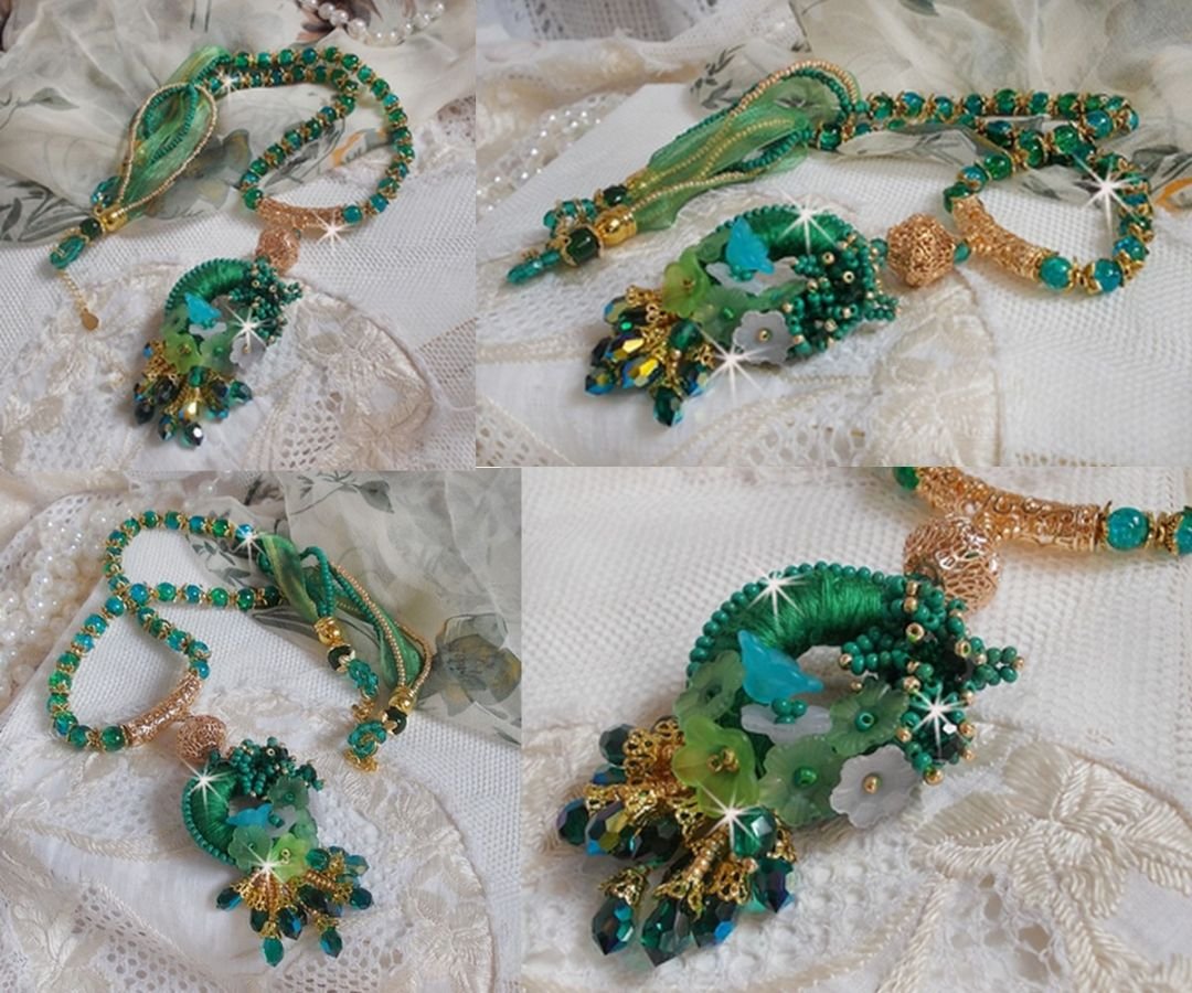 Green Iris Halskette bestickt mit smaragdgrüner DMC-Baumwolle, Swarovski-Kristallen, Harzperlen und Rocailles