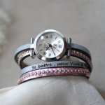 Silberne Armbanduhr mit Doppelarmband aus rosafarbenem Metallic-Leder zum Selbstgestalten 