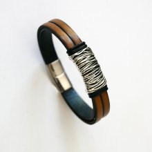Braunes Lederarmband, gefüttert mit geflochtenem Metalldekor, Magnetverschluss