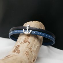 Herrenarmband aus blauem Duoleder mit Steppnähten Marineanker zum Anpassen 