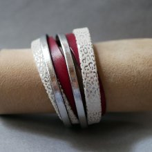Manschette Armband Double-Turn aus Leder in Weiß, Silber und Rot personalisiert  