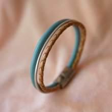 Bracelet manchette multi cuirs tressé Beige et Turquoise