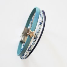 Armband Trio aus Leder und Liberty-Kordel Blaue Sterne