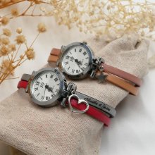 Uhr versilbert Duolederarmband Farbe nach Wahl und persönliche Gravur
