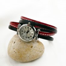 Uhr Doppelarmband aus rotem Leder mit Steppnähten 