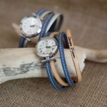 Armbanduhr doppeltes Lederarmband mit Steppnähten Blau und zweite Farbe nach Wahl zum Anpassen 
