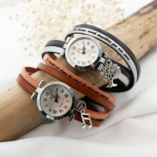 Armbanduhr Doppel Lederarmband silbernes Zifferblatt Farbe nach Wahl zu personalisieren 