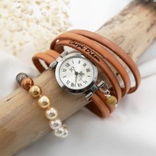 Uhr versilbert Lederarmband mit mehreren Runden verstellbarer Verschluss