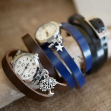 Silberne Uhr Triple-Turn-Lederarmband mit Charme zu personalisieren